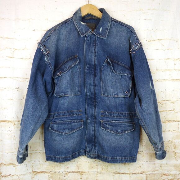 Zara Man 1975 Denim Field Jacket Men L Blue Utility Distress Embellished Grunge - Picture 1 of 14